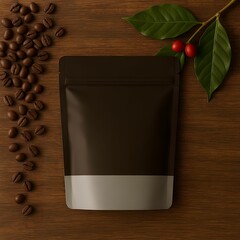 Coffee Packaging Mockup with Zipper Pouch and Coffee Cup on Wooden Table with Natural Light