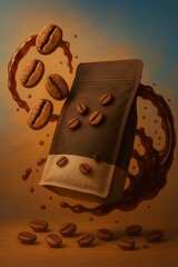 Coffee Packaging with Coffee Beans and Splash Effect in Dark Brown Background - Creative Branding Mockup