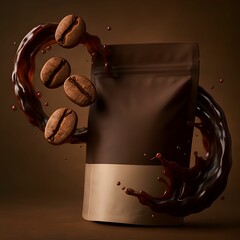 Coffee Packaging with Coffee Beans and Splash Effect in Dark Brown Background - Creative Branding Mockup
