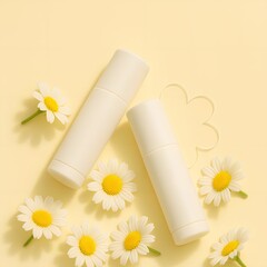 Skincare Product Mockup with Chamomile Flowers on Yellow Background - Natural Beauty and Cosmetic Branding Scene