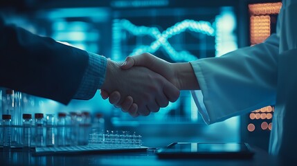 Close-up handshake above genetics research papers, DNA sequence charts, tablet with genome analysis, in modern biotech lab with glowing equipment. Created Using: DSLR, biotech style, cool lighting,