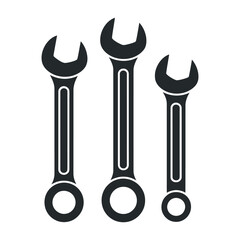 Three Black Wrenches of Varying Sizes Isolated on White Background