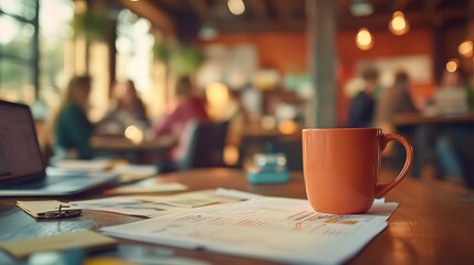 Close-up handshake over marketing strategy papers, coffee mug, and open laptop, with a blurred team brainstorming in background. Created Using: DSLR, lifestyle photography, natural office light,