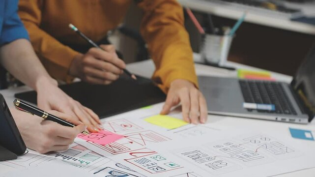 UX/UI designer working on wireframes for a website and mobile app prototype, surrounded by sketches of user-flow and design tools, in concept of website and mobile application design concept.