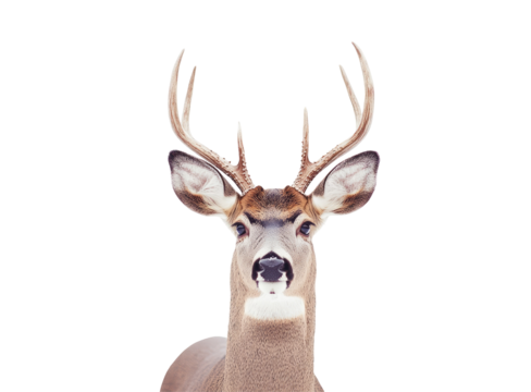 Close-up of a majestic deer with large antlers, looking directly at the camera against a black background. Its coat is a blend of light and dark brown, and its expression appears alert and calm