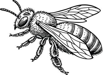 Highly detailed black and white vector illustration of a honey bee, symmetrical top-down view. Realistic line art style with fine stippling and hatching for texture.