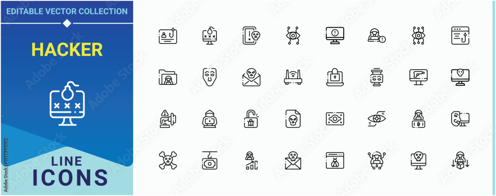 Poster hacker linear icon collection. includes thin line symbols hack, fraud, crime, attack, cyber and more