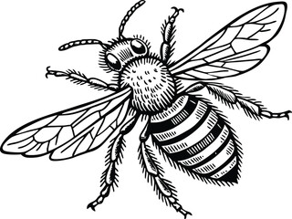Highly detailed black and white vector illustration of a honey bee, symmetrical top-down view. Realistic line art style with fine stippling and hatching for texture.