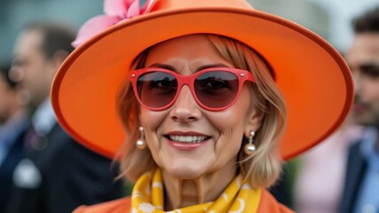 Senior Woman in Bright Orange Hat - Stylish Elderly Lady with Pink Sunglasses and Joyful Smile for Aging Positively Content and Fashion Diversity Campaigns