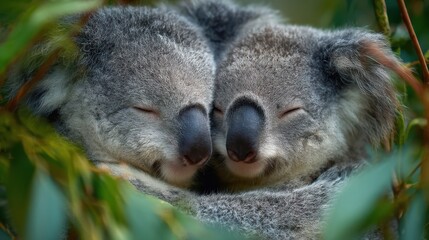Naklejka premium Two adorable koalas are nestled closely together, enjoying each other's company in the branches of a eucalyptus tree under warm sunlight