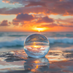 Obraz premium Glass sphere reflecting vibrant beach sunset on wet sand