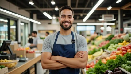 Confident Market Vendor With Fresh Produce - Smiling Grocer in Blue Apron at Vegetable Stand for Small Business Marketing and Food Industry Content