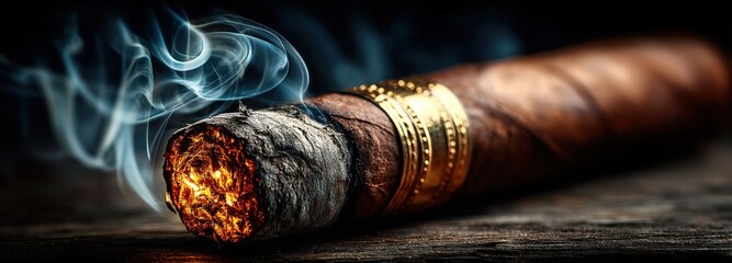 Close-up of a glowing cigar with smoke curling elegantly in a luxurious setting