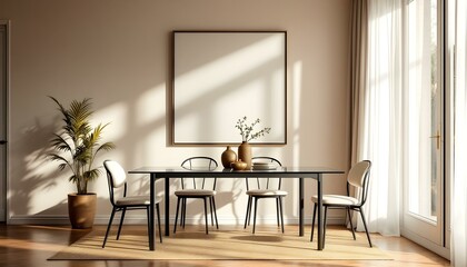Elegant dining room with a white canvas wall, mid-century modern chairs, a wooden dining table, and subtle gold accents.
