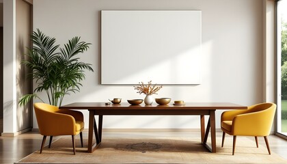 Elegant dining room with a white canvas wall, mid-century modern chairs, a wooden dining table, and subtle gold accents.