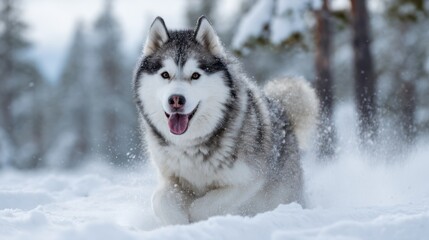A Siberian Husky plays joyfully in deep snow, showcasing its thick fur and vibrant energy. The winter setting features tall trees blanketed in snow, creating a picturesque atmosphere
