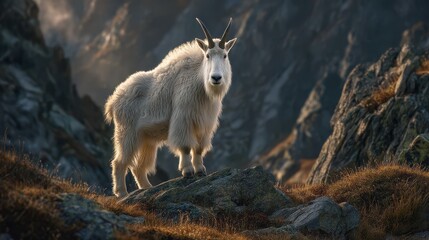 A mountain goat stands prominently atop a rocky outcrop, illuminated by soft golden light. Surrounding peaks create a dramatic backdrop, enhancing the wild atmosphere