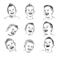 Sheet of Diverse Little Boys Faces with Joyful Laughing Expressions Black and White Outline Line Art Drawing