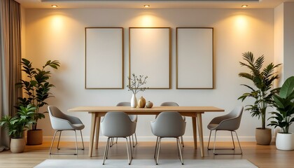 Elegant dining room with a white canvas wall, mid-century modern chairs, a wooden dining table, and subtle gold accents.