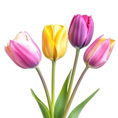 Three colorful tulips spring bouquet isolated on white background