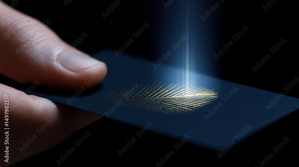 Poster a hand holds a sleek black card with a glowing fingerprint pattern. this image captures modern techn