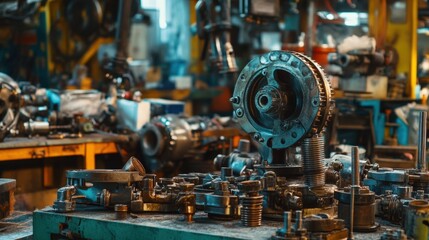 Fototapeta premium Industrial Metal Engine Model on Workbench in Mechanical Workshop