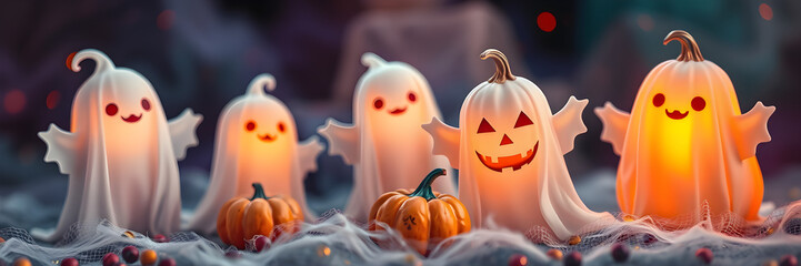 Adorable lit halloween ghosts and pumpkins creating a festive and playful holiday scene