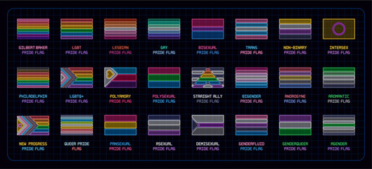Pride flags complete set, coloful neon visuals. Queer pride month flags, original flags, sexual orientation, gender expression and identity complete collection.