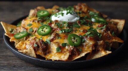 Loaded Tex-Mex nachos, topped with melted cheese