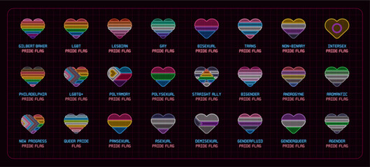 Pride flags complete set, coloful neon heart shapes. Queer pride month flags, original flags, sexual orientation, gender expression and identity complete collection.