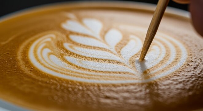 Latte Art Being Crafted with a Toothpick in a Close Up Shot