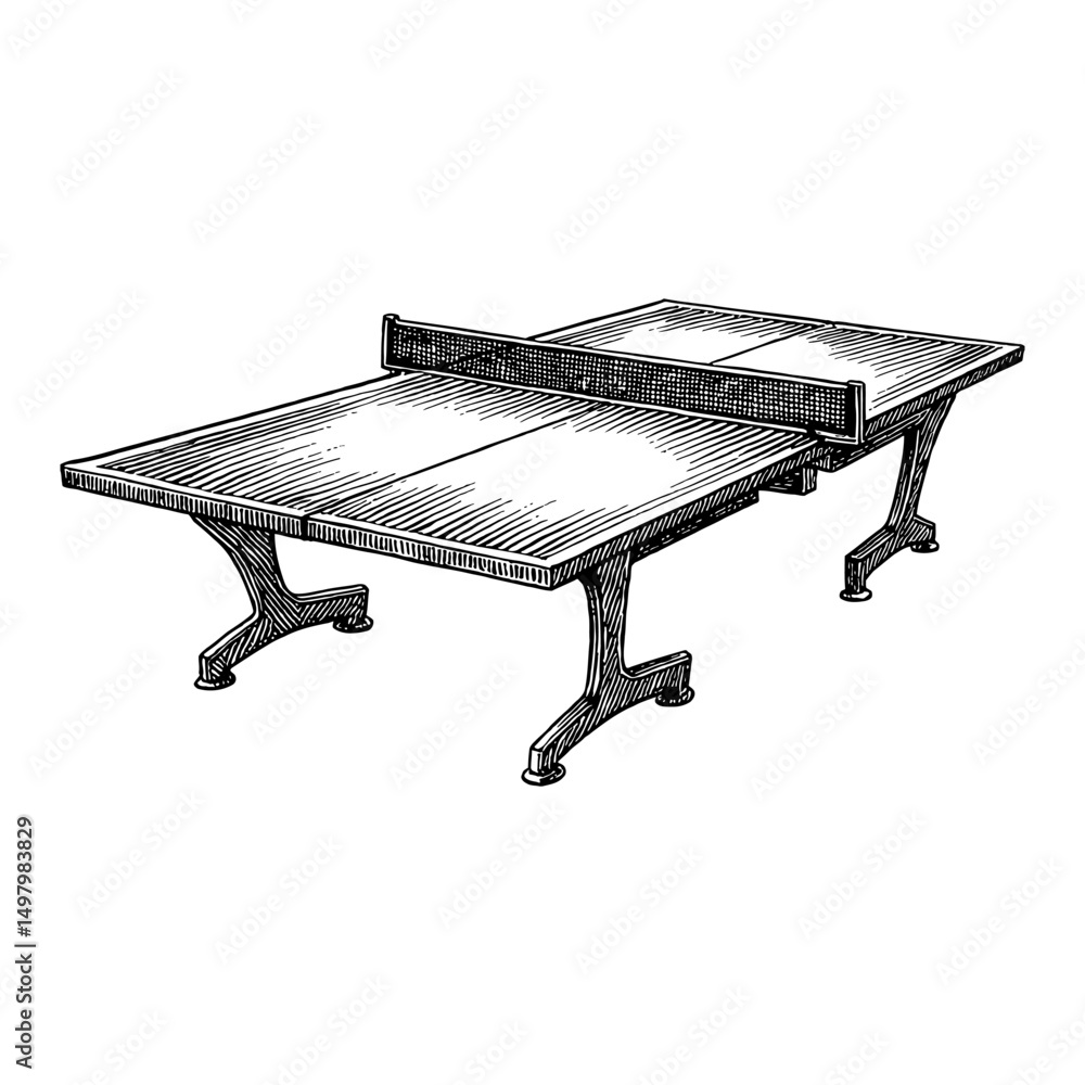 Wall mural vintage ping pong table with net black and white outline line art drawing isolated object