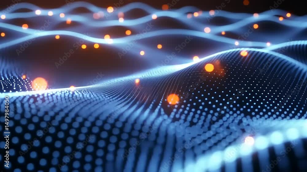 Poster abstract data visualization: glowing particles over flowing digital waves background