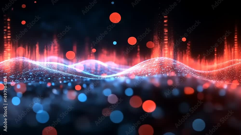 Poster abstract data wave visualization background with glowing red and blue particles