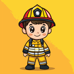 Cartoon Firefighter Boy with Brown Hair and Red and Yellow Helmet