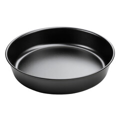 A matte black, round, shallow baking pan with slightly sloped sides, ideal for pies, tarts, or pizzas.  Its smooth, non-stick surface suggests ease of use and cleaning