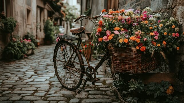 Vintage bicycle with flower-filled basket on cobblestone street, quaint and charming. - Powered by Adobe