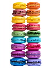 Colorful macarons stacked vertically in two rows against a white background in a close up shot