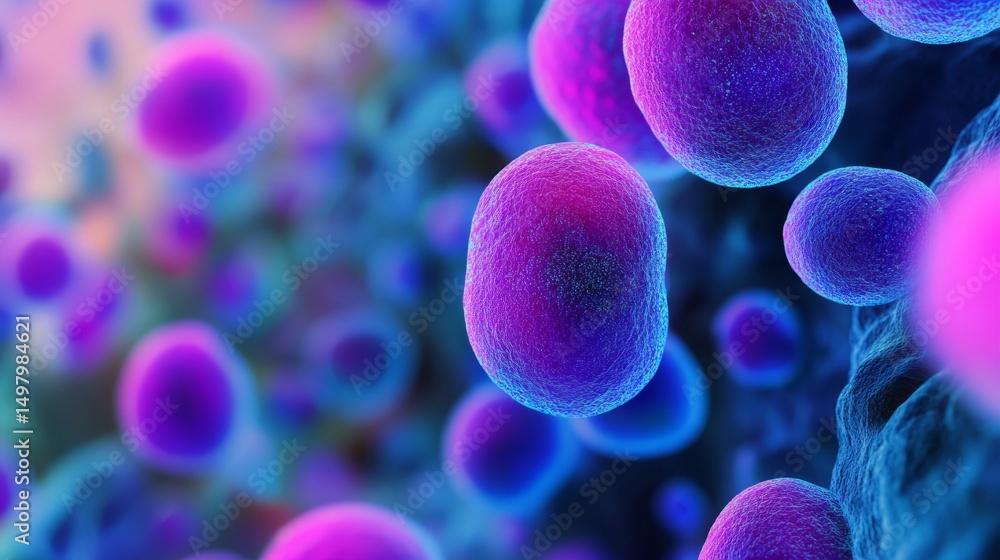 Poster microscopic view of diverse microorganisms and cellular structures with vibrant colors, abstract sci