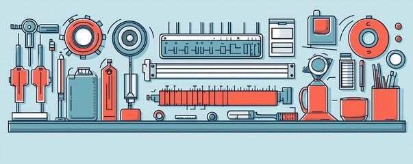 A comprehensive array of tools and equipment neatly arranged on a workbench, showcasing a diverse collection of precision instruments and mechanical devices