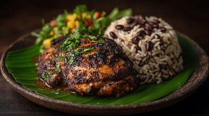 Savory Jamaican jerk chicken with rice and peas