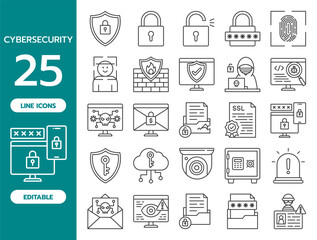 Cybersecurity Line Icon Set. Includes 25 editable vector icons such as shield, lock, password, hacker, virus, firewall, encrypted file, and and more.