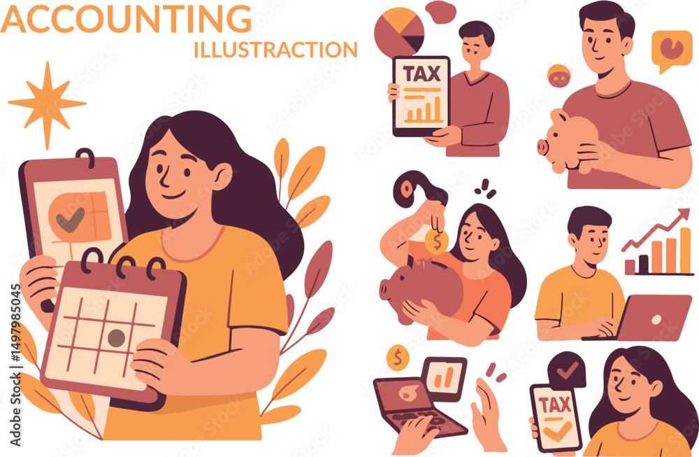 Poster ai technology in finance and accounting set. collection of characters preparing automated tax return