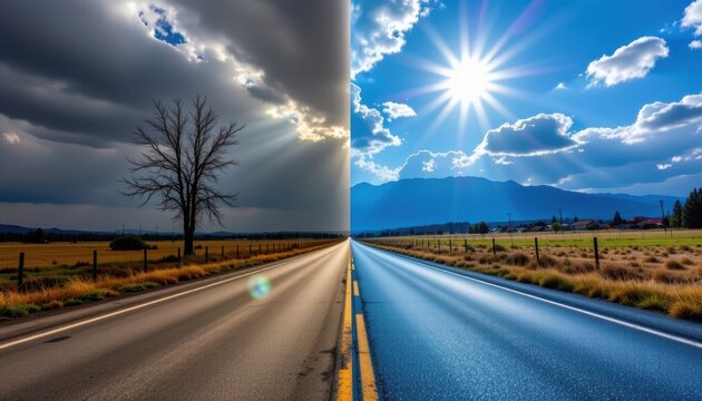 two roads, parallel yet diverging, mirrored two contrasting life outlooks: one, barren and shrouded in gray, represented the fading of vitality under a somber sky, while the other