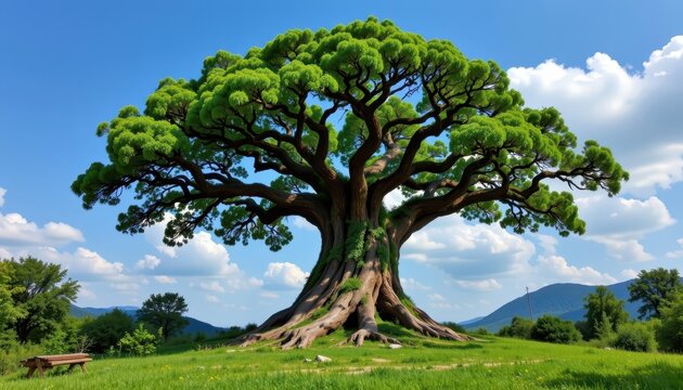 a colossal, emerald laden tree, its branches reaching towards the azure sky like gnarled arms, exuding an aura of vitality and strength, symbolizing the enduring power of nature.