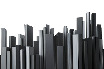 Stylized grayscale cityscape rendering, featuring numerous rectangular buildings of varying heights against a pure black background, creating a minimalist and abstract urban scene