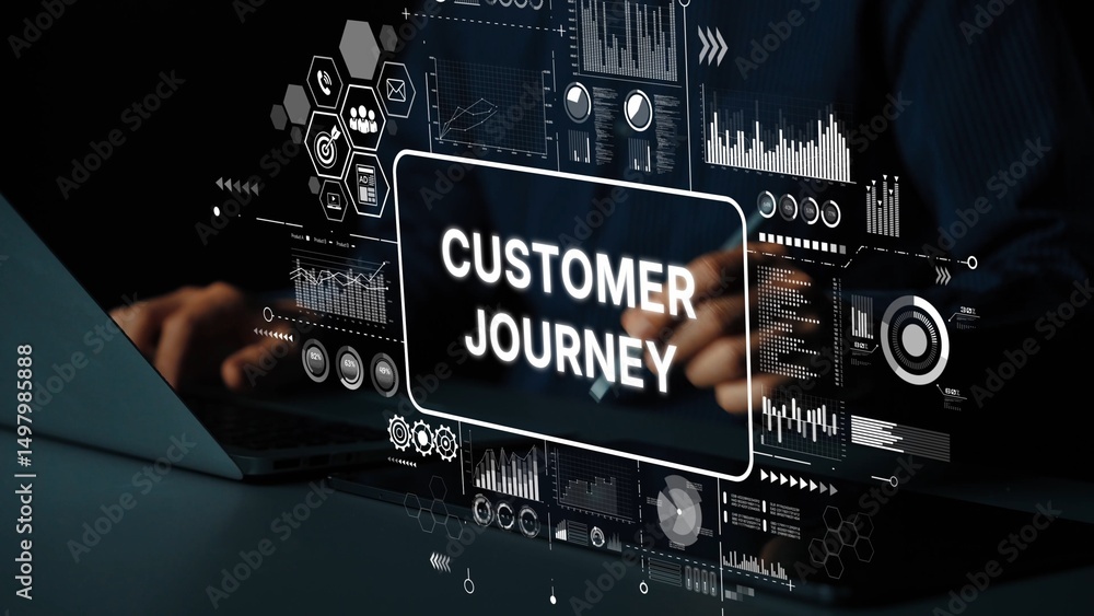 Poster person analyzing customer journey data with digital charts and graphs on laptop screen in modern wor