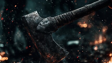 close-up of an axe with a worn handle, set against a dark and fiery background. The dramatic lighting and texture create a sense of intensity and ruggedness.