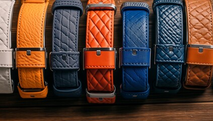 Colorful leather watch straps on wood.