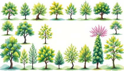 a vibrant collection of watercolor green trees, each a unique masterpiece, stands proudly on an pristine white backdrop